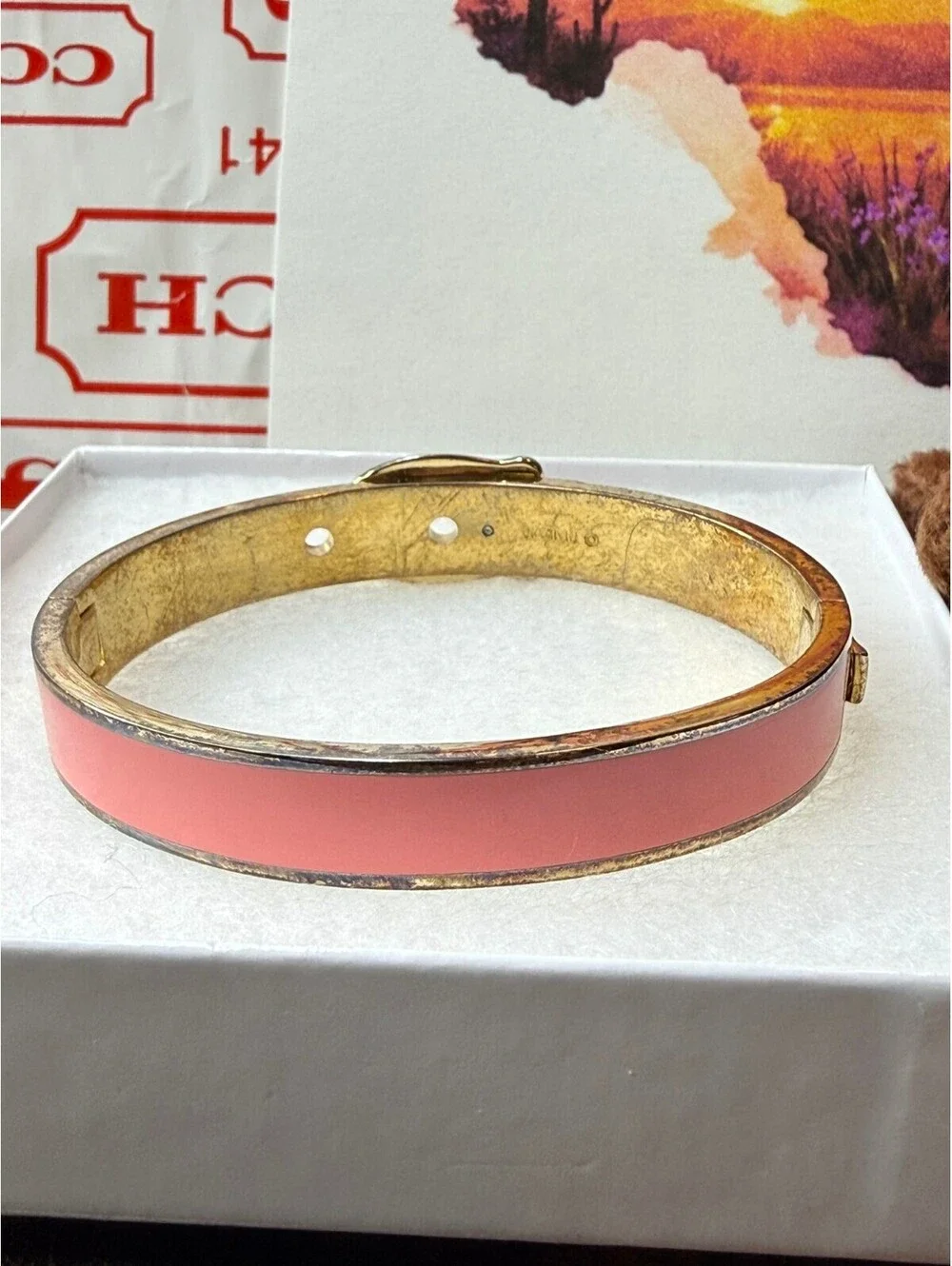 Coach Enamel Hinge Buckle Bangle Bracelet Pink Gold Tone NWT